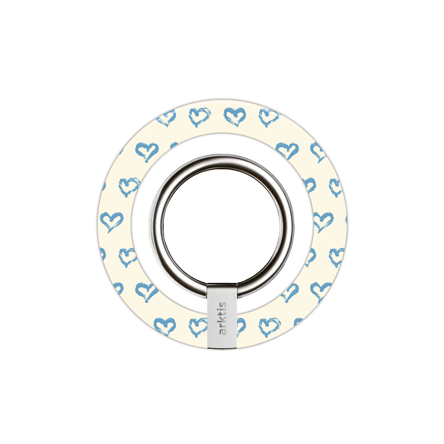 Magnetischer Ringhalter für MagSafe - Blue Hearts von arktis: Runder Griff mit blauem Herzmuster auf Creme, silbernem Ring und N52-Magneten für starken Halt - ein stylisches iPhone Zubehör und perfekter MagSafe Halter.