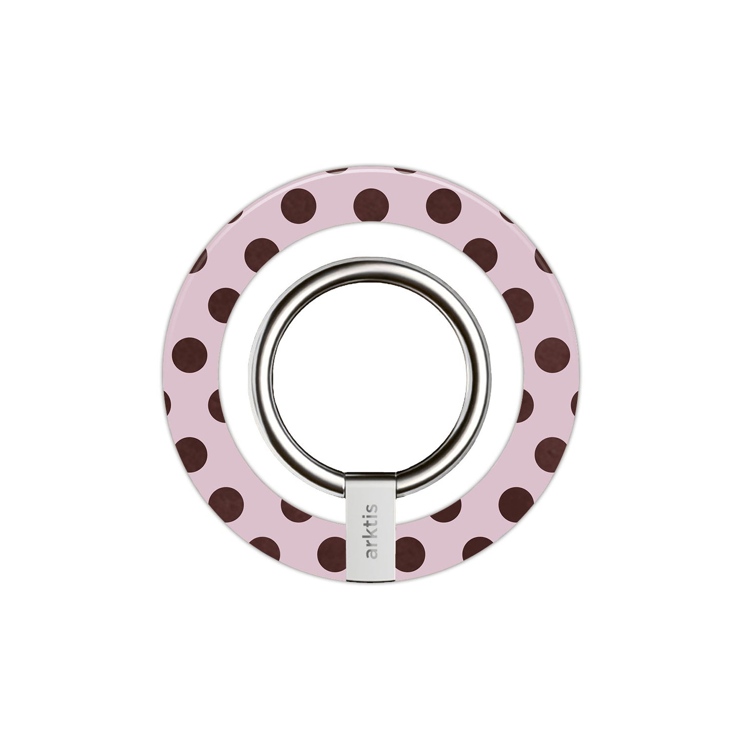 Der arktis Magnetischer Ringhalter für MagSafe - Sweetie präsentiert sich im rosa Design mit dunkelbraunen Tupfen und einem silbernen Metallring - ein stylisches iPhone Zubehör und unverzichtbares Accessoire.