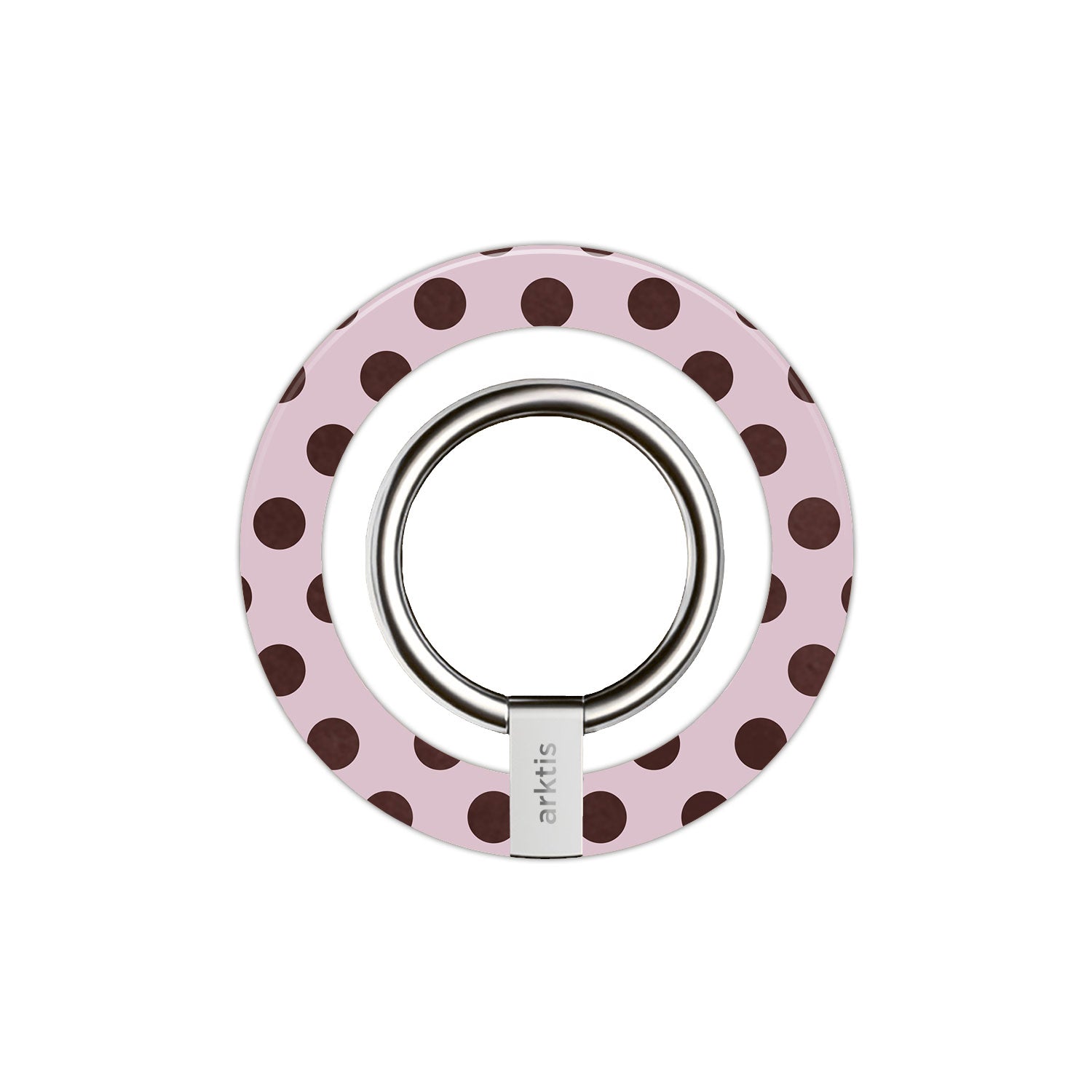Der arktis Magnetischer Ringhalter für MagSafe - Sweetie präsentiert sich im rosa Design mit dunkelbraunen Tupfen und einem silbernen Metallring - ein stylisches iPhone Zubehör und unverzichtbares Accessoire.