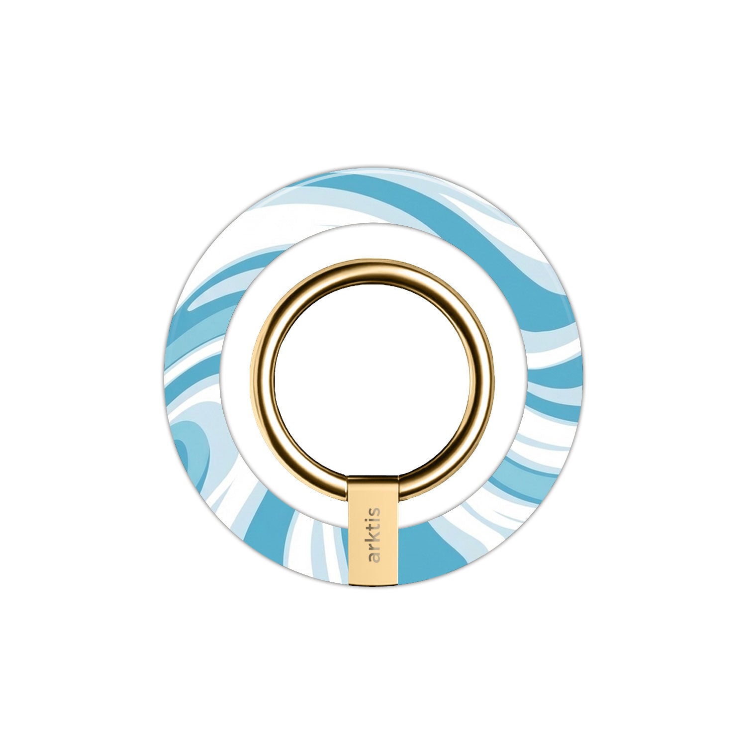 Der arktis Magnetischer Ringhalter für MagSafe - Blue Lagoon zeichnet sich durch einen goldenen Ring, blau-weiße Wellen und einen starken N52-Magneten aus und ist damit der ideale MagSafe-Handyhalter für Ihr iPhone Zubehör.