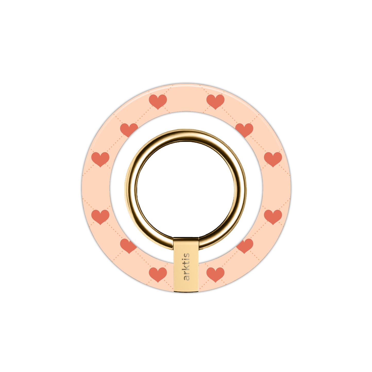 Der arktis Magnetischer Ringhalter für MagSafe - Love hat einen pinkfarbenen Sockel mit roten Herzen und einen goldenen Ring. Starke N52-Magnete sorgen für sichere MagSafe-Kompatibilität und machen ihn zum perfekten, stylischen Zubehör für Ihr iPhone.