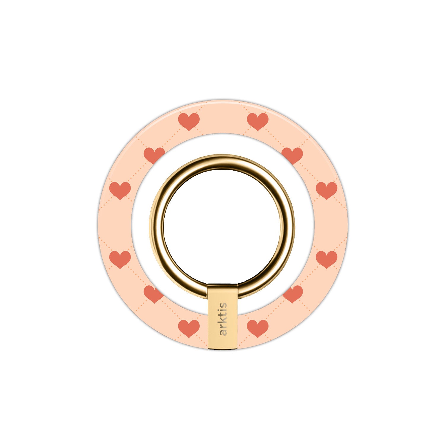 Der arktis Magnetischer Ringhalter für MagSafe - Love hat einen pinkfarbenen Sockel mit roten Herzen und einen goldenen Ring. Starke N52-Magnete sorgen für sichere MagSafe-Kompatibilität und machen ihn zum perfekten, stylischen Zubehör für Ihr iPhone.