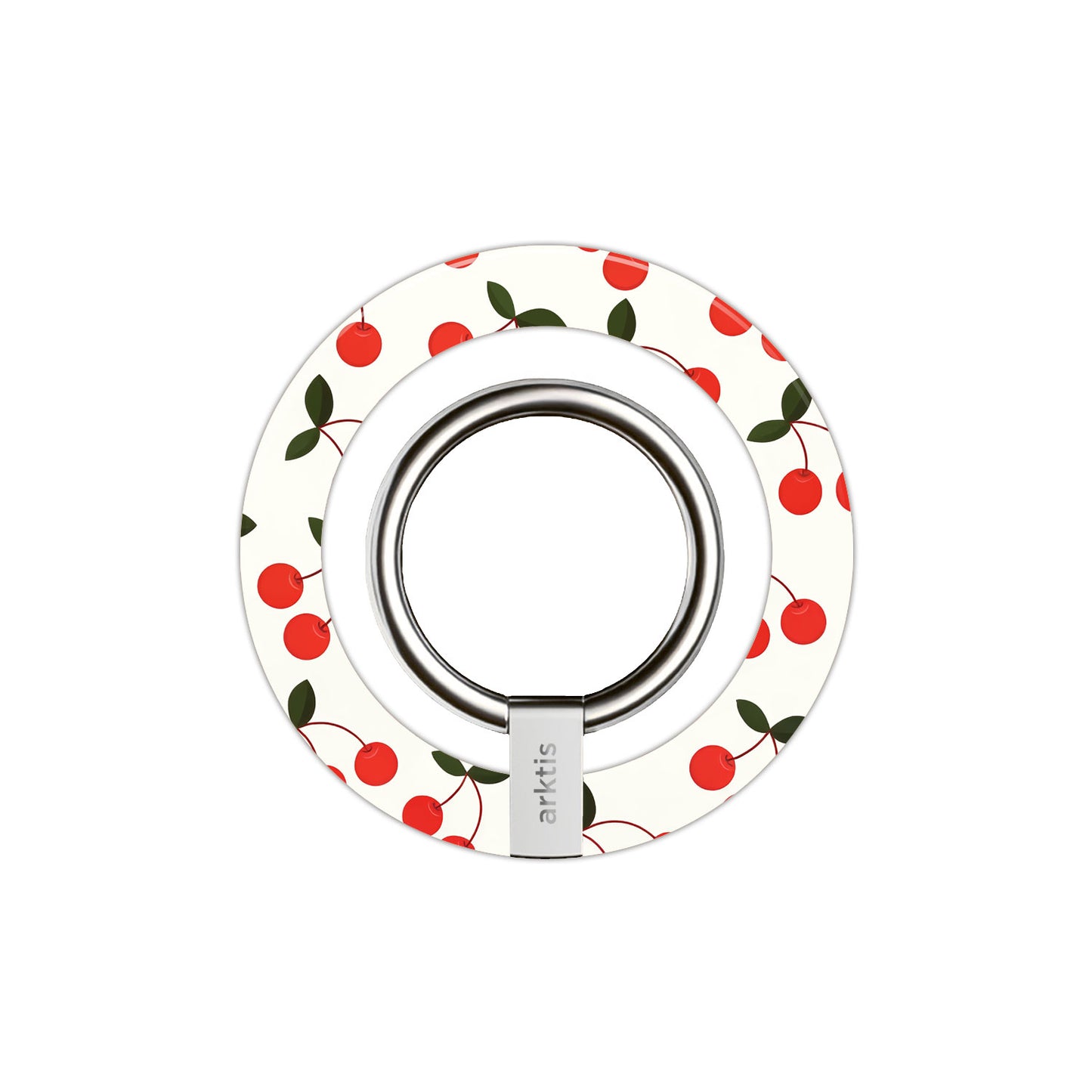 Der arktis Magnetischer Ringhalter für MagSafe - Cherry verfügt über ein weißes, rundes Design mit Kirschenmuster, einen stabilen zentralen Metallring und einen starken N52-Magneten - ein ideales iPhone Zubehör für eine sichere Befestigung.