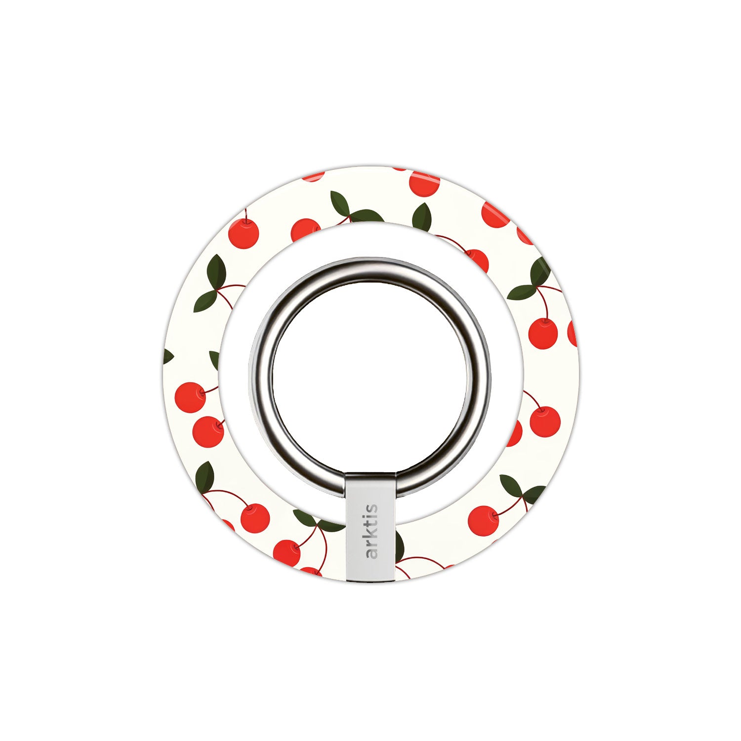 Der arktis Magnetischer Ringhalter für MagSafe - Cherry verfügt über ein weißes, rundes Design mit Kirschenmuster, einen stabilen zentralen Metallring und einen starken N52-Magneten - ein ideales iPhone Zubehör für eine sichere Befestigung.