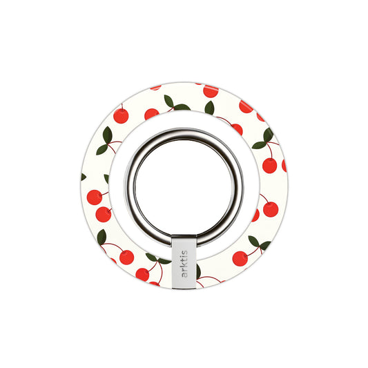 Der arktis Magnetischer Ringhalter für MagSafe - Cherry verfügt über ein weißes, rundes Design mit Kirschenmuster, einen stabilen zentralen Metallring und einen starken N52-Magneten - ein ideales iPhone Zubehör für eine sichere Befestigung.