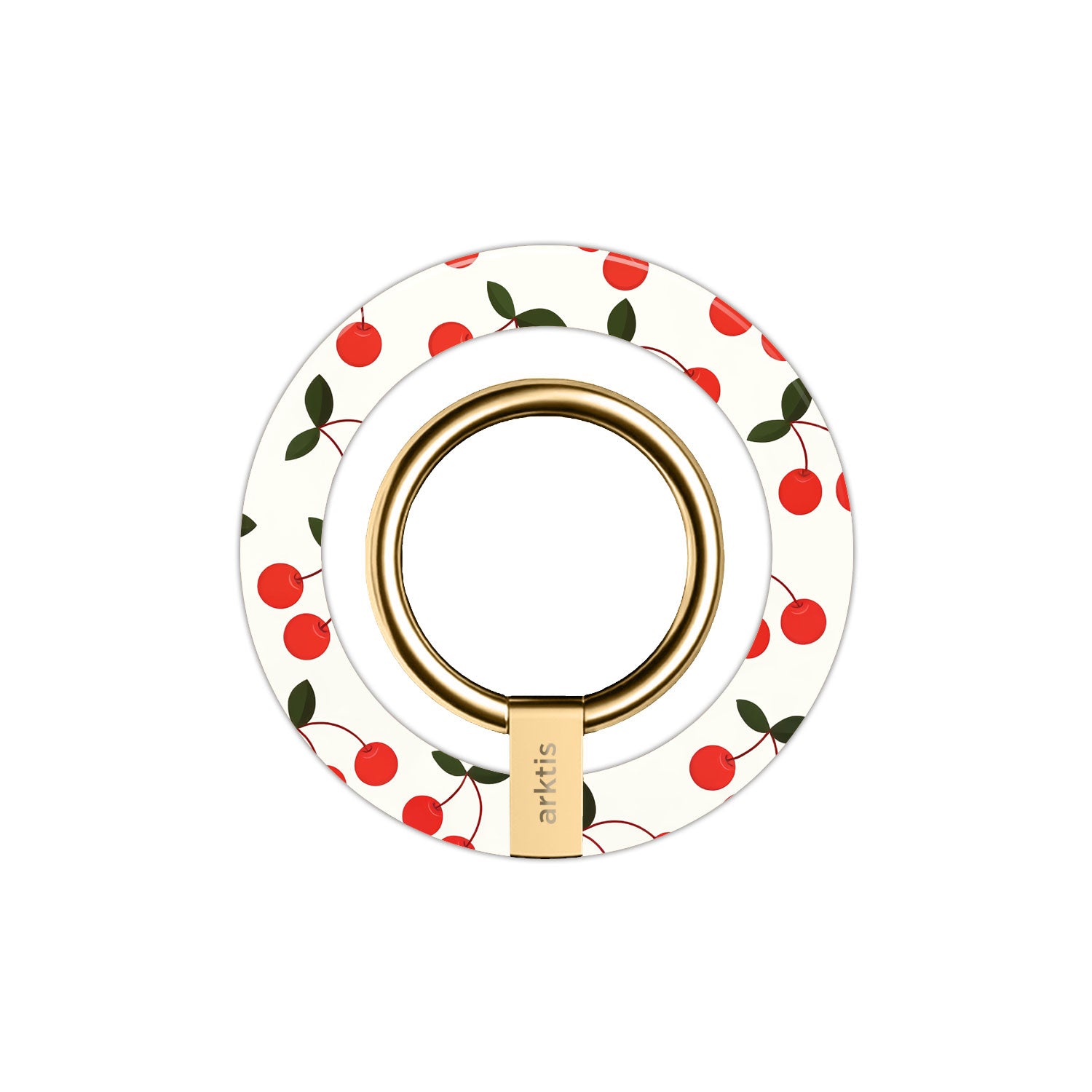 Der arktis Magnetischer Ringhalter für MagSafe - Cherry hat ein stilvolles Kirschdesign mit einem goldenen Ring auf weißem Grund und haftet dank starker N52-Magnete sicher und zuverlässig an Ihrem iPhone.
