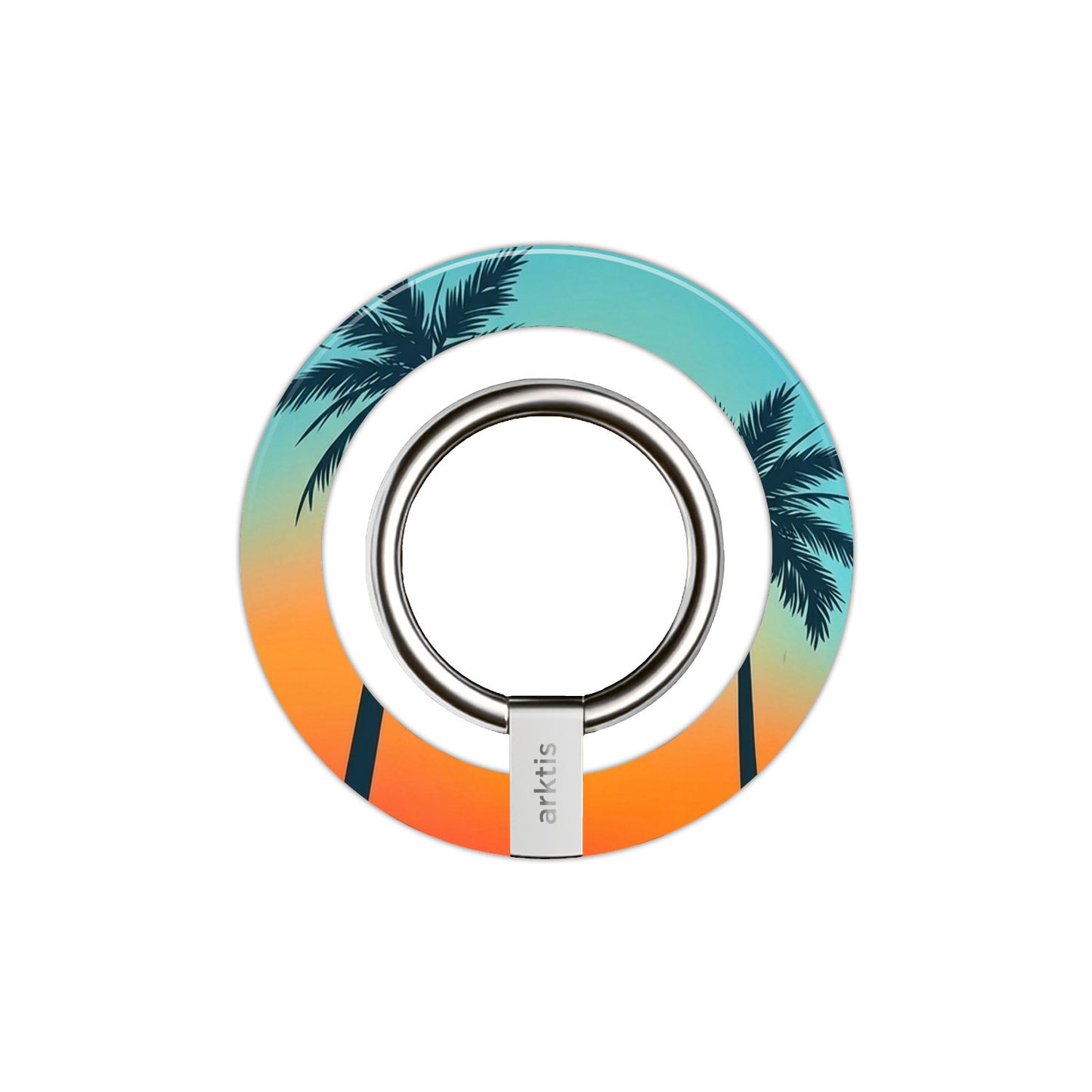 Der arktis Magnetischer Ringhalter für MagSafe - Sunset Beach zeichnet sich durch Palmensilhouetten auf einem Sonnenuntergangs-Farbverlauf, einen starken N52-Magneten und MagSafe-Unterstützung aus - stylisches und praktisches iPhone Zubehör.