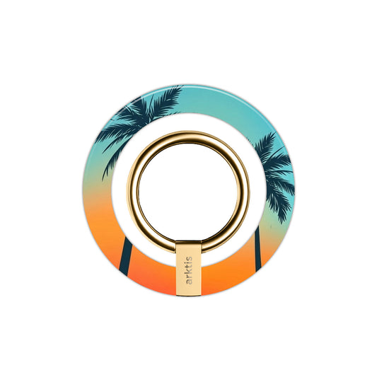 Der arktis Magnetischer Ringhalter für MagSafe - Sunset Beach besticht mit Sonnenuntergangs-Gradient und schwarzen Palmen. Starke N52-Magnete sorgen für sicheren Halt und stilvolles iPhone Zubehör in einem eleganten Accessoire.