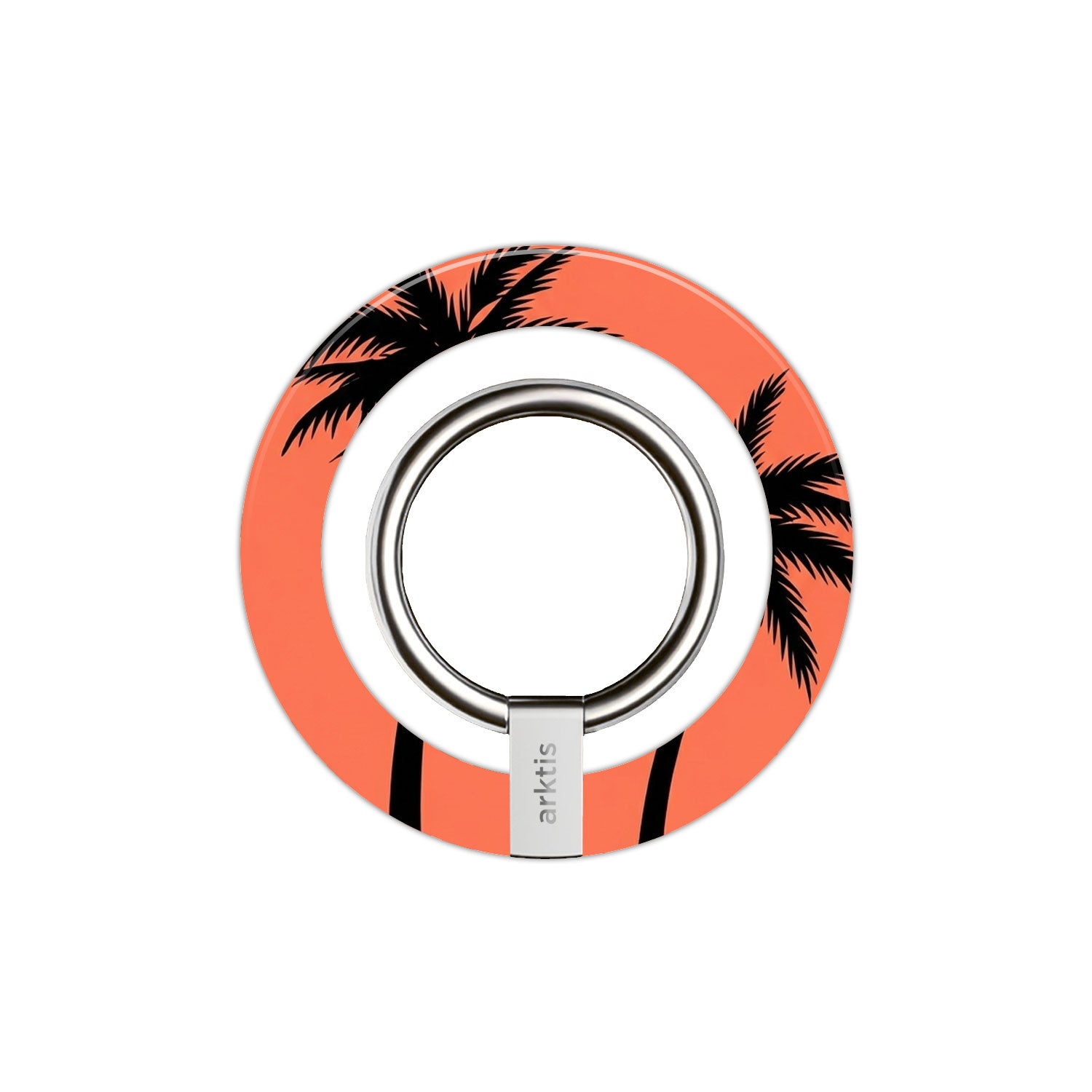 Der arktis Magnetischer Ringhalter für MagSafe - Coral Coast überzeugt mit korallenfarbenem Design und schwarzen Palmen-Silhouetten sowie starken N52-Magneten - das perfekte iPhone Zubehör für sicheren Halt und stylischen Look.