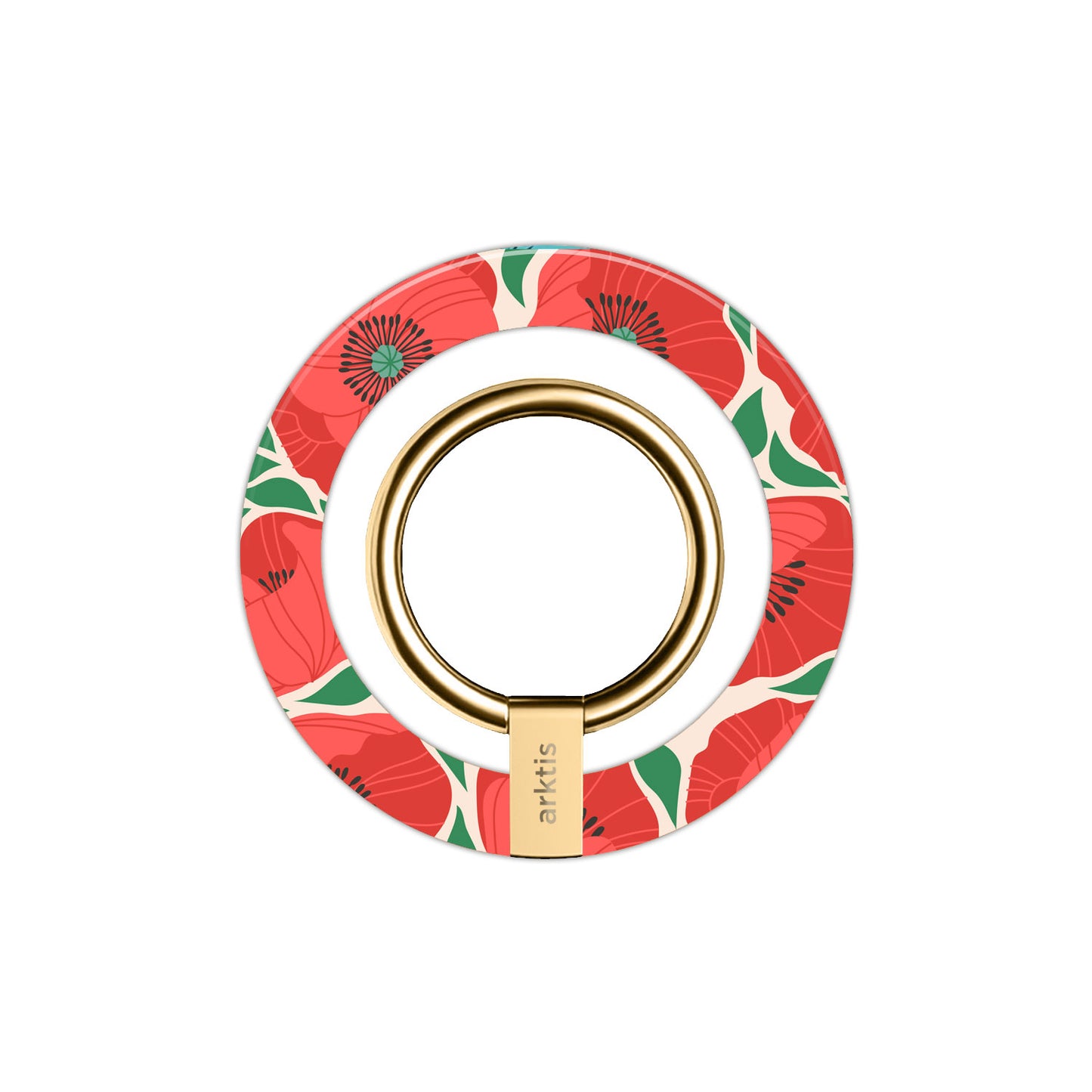 Der arktis Magnetischer Ringhalter für MagSafe - Summer Garden zeigt ein rotes Mohnblumenmuster, starke N52-Magnete und einen goldenen Ring - ein stilvolles iPhone Zubehör auf weißem Hintergrund.