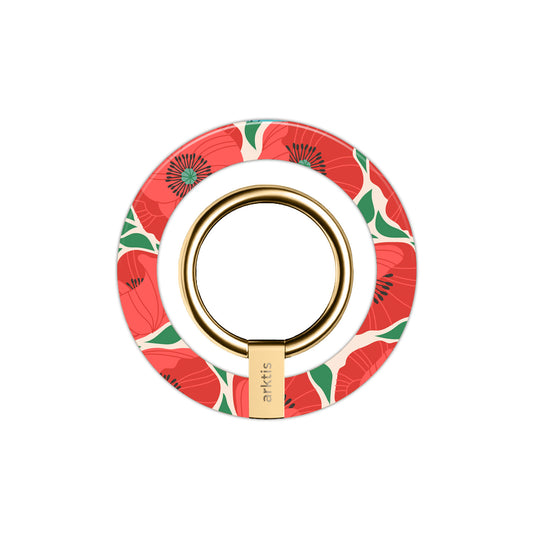Der arktis Magnetischer Ringhalter für MagSafe - Summer Garden zeigt ein rotes Mohnblumenmuster, starke N52-Magnete und einen goldenen Ring - ein stilvolles iPhone Zubehör auf weißem Hintergrund.