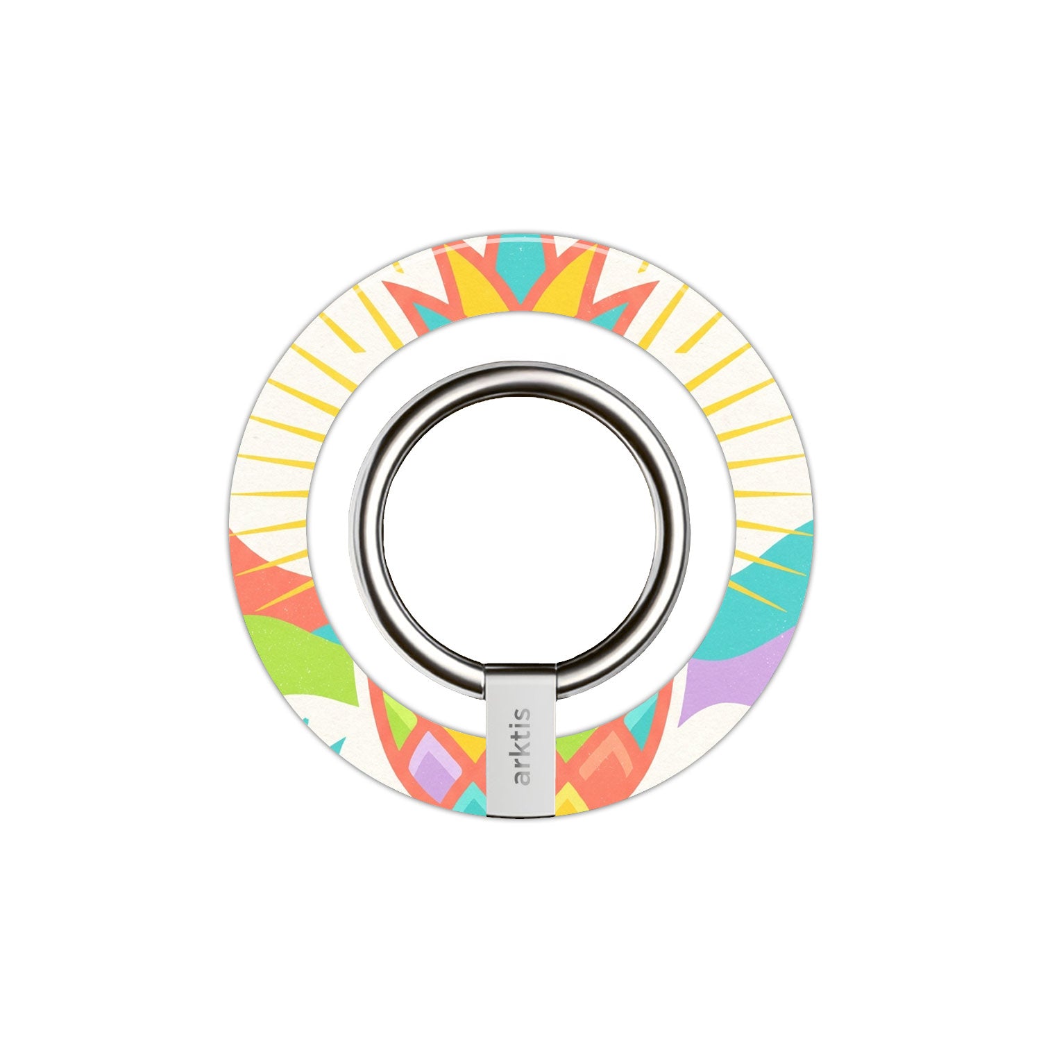 Der arktis Magnetischer Ringhalter für MagSafe - Tropic Pineapple: Bunter Blumen-Look, Metallring, Markenlogo auf der Basis und MagSafe-Kompatibilität - das perfekte, stylische iPhone Zubehör.