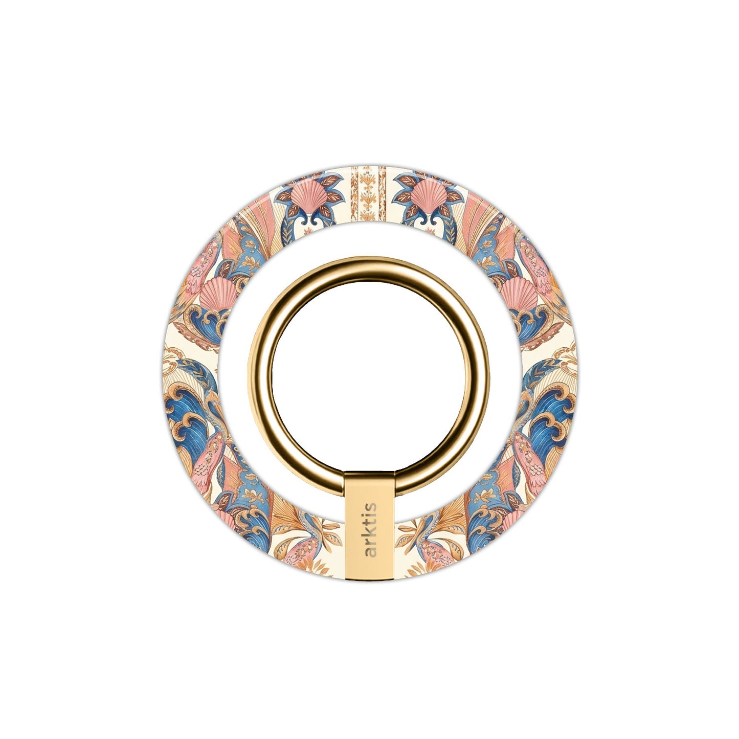 Der arktis Magnetischer Ringhalter für MagSafe - Peacock Palace besticht durch goldene Akzente und lebendige, von Pfauen inspirierte Muster auf weißem Grund, die Eleganz mit einem sicheren N52-Magneten vereinen - perfektes iPhone Zubehör.