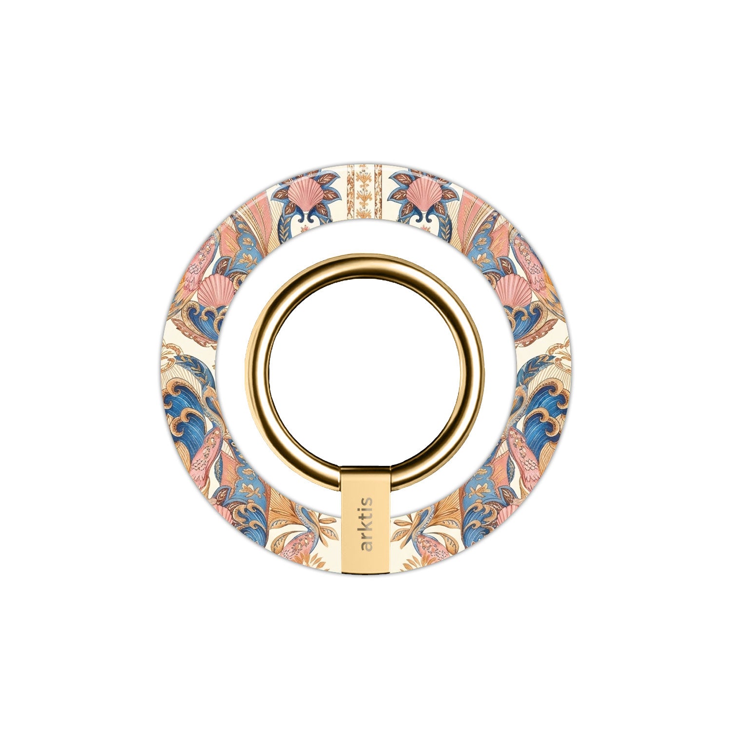Der arktis Magnetischer Ringhalter für MagSafe - Peacock Palace besticht durch goldene Akzente und lebendige, von Pfauen inspirierte Muster auf weißem Grund, die Eleganz mit einem sicheren N52-Magneten vereinen - perfektes iPhone Zubehör.