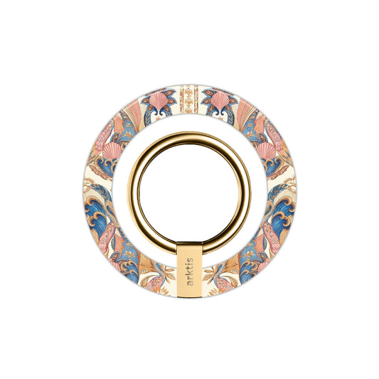 Der arktis Magnetischer Ringhalter für MagSafe - Peacock Palace besticht durch goldene Akzente und lebendige, von Pfauen inspirierte Muster auf weißem Grund, die Eleganz mit einem sicheren N52-Magneten vereinen - perfektes iPhone Zubehör.