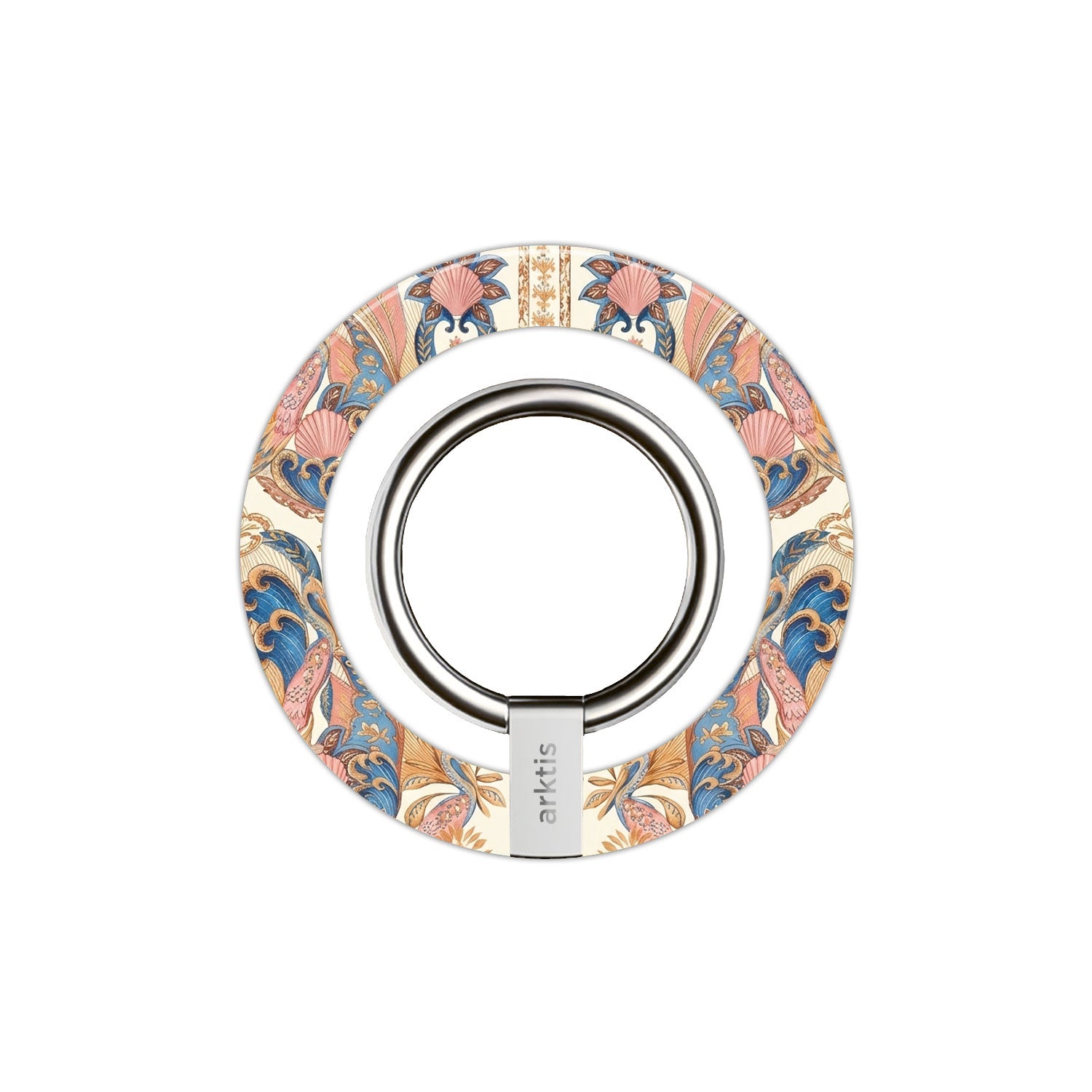 Der arktis Magnetischer Ringhalter für MagSafe - Peacock Palace besticht durch farbenfrohe Blumen- und Wellenmuster, starke N52-Magneten und silbernen Metallring - das perfekte iPhone Zubehör für sicheren Halt und stylisches Design.