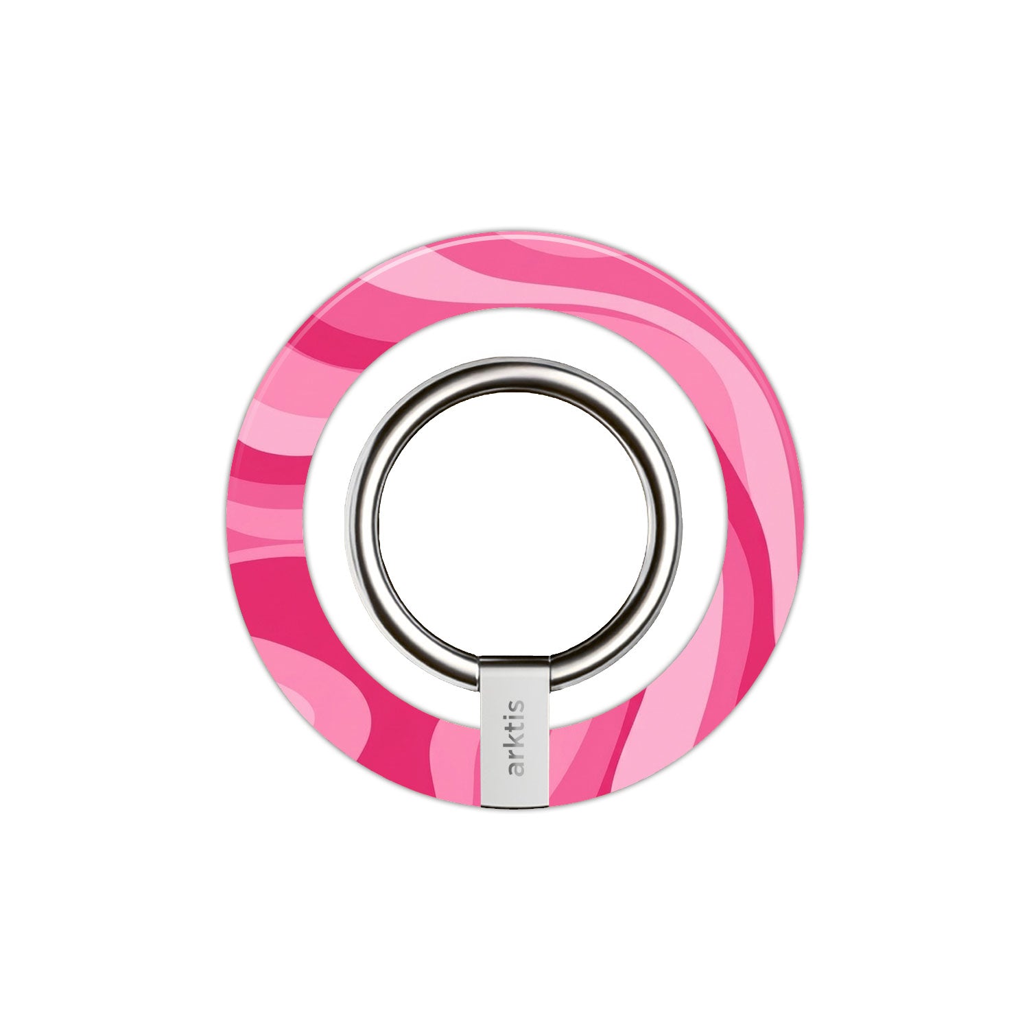 Der Magnetische Ringhalter für MagSafe - Aura Pink von arktis verfügt über ein pink-weißes Wirbeldesign, einen starken N52 Magneten und einen silbernen Ring - perfekt als iPhone Zubehör oder MagSafe Ringhalter für einen sicheren Halt.