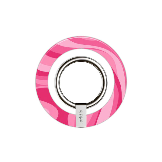 Der Magnetische Ringhalter für MagSafe - Aura Pink von arktis verfügt über ein pink-weißes Wirbeldesign, einen starken N52 Magneten und einen silbernen Ring - perfekt als iPhone Zubehör oder MagSafe Ringhalter für einen sicheren Halt.