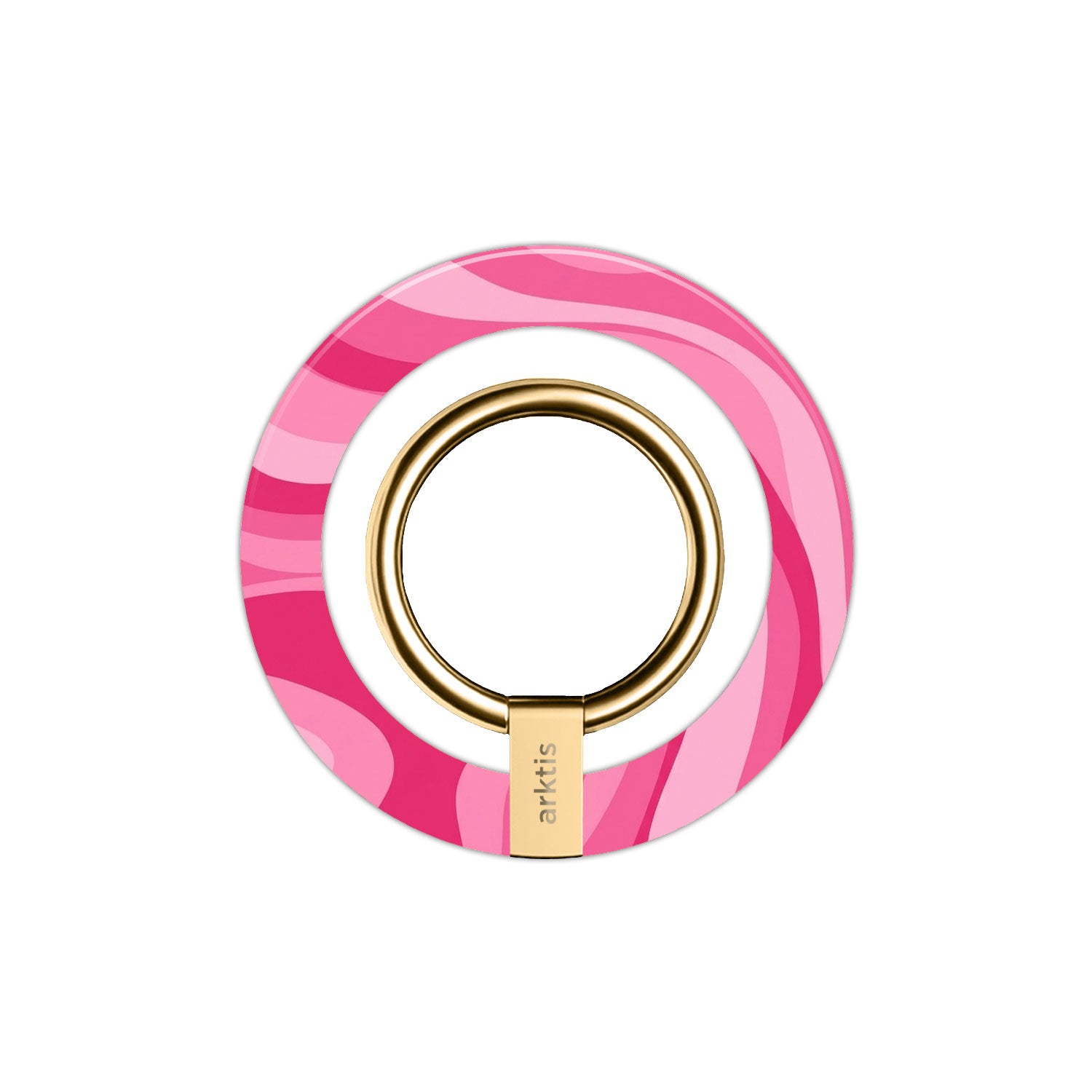Der arktis Magnetischer Ringhalter für MagSafe - Aura Pink verfügt über einen goldenen Ring, einen pinkfarbenen Wirbelsockel und einen starken N52-Magneten für stilvollen und sicheren Halt - perfektes iPhone Zubehör und MagSafe Ringhalter.