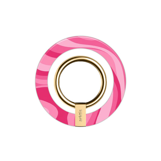 Der arktis Magnetischer Ringhalter für MagSafe - Aura Pink verfügt über einen goldenen Ring, einen pinkfarbenen Wirbelsockel und einen starken N52-Magneten für stilvollen und sicheren Halt - perfektes iPhone Zubehör und MagSafe Ringhalter.