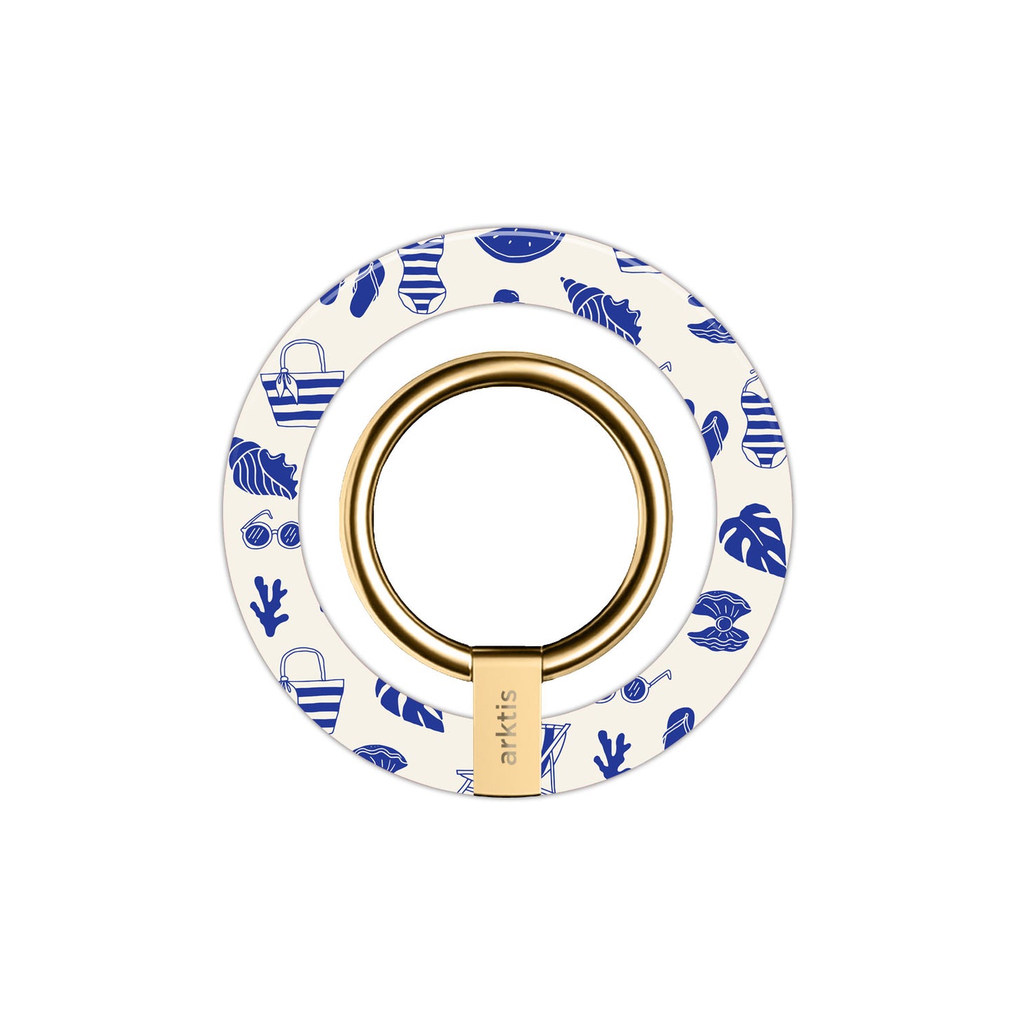 Der arktis Magnetischer Ringhalter für MagSafe - Beach Style verfügt über einen goldenen Ring und blaue Strand-Symbole auf weißem Grund, mit starken N52 Magneten - stylisches und sicheres iPhone Zubehör für jede Gelegenheit.