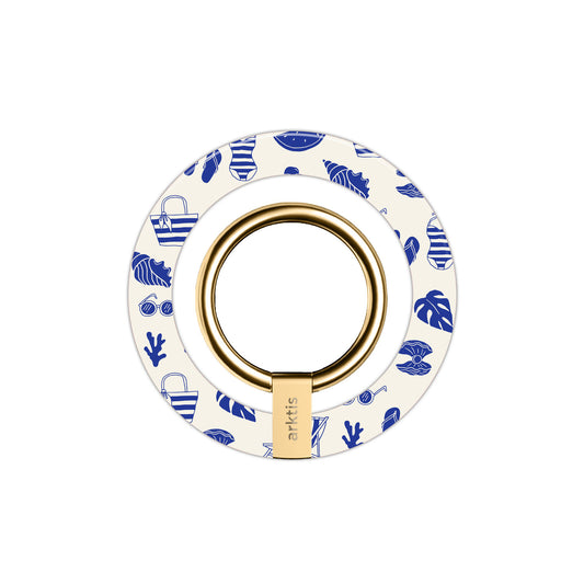 Der arktis Magnetischer Ringhalter für MagSafe - Beach Style verfügt über einen goldenen Ring und blaue Strand-Symbole auf weißem Grund, mit starken N52 Magneten - stylisches und sicheres iPhone Zubehör für jede Gelegenheit.