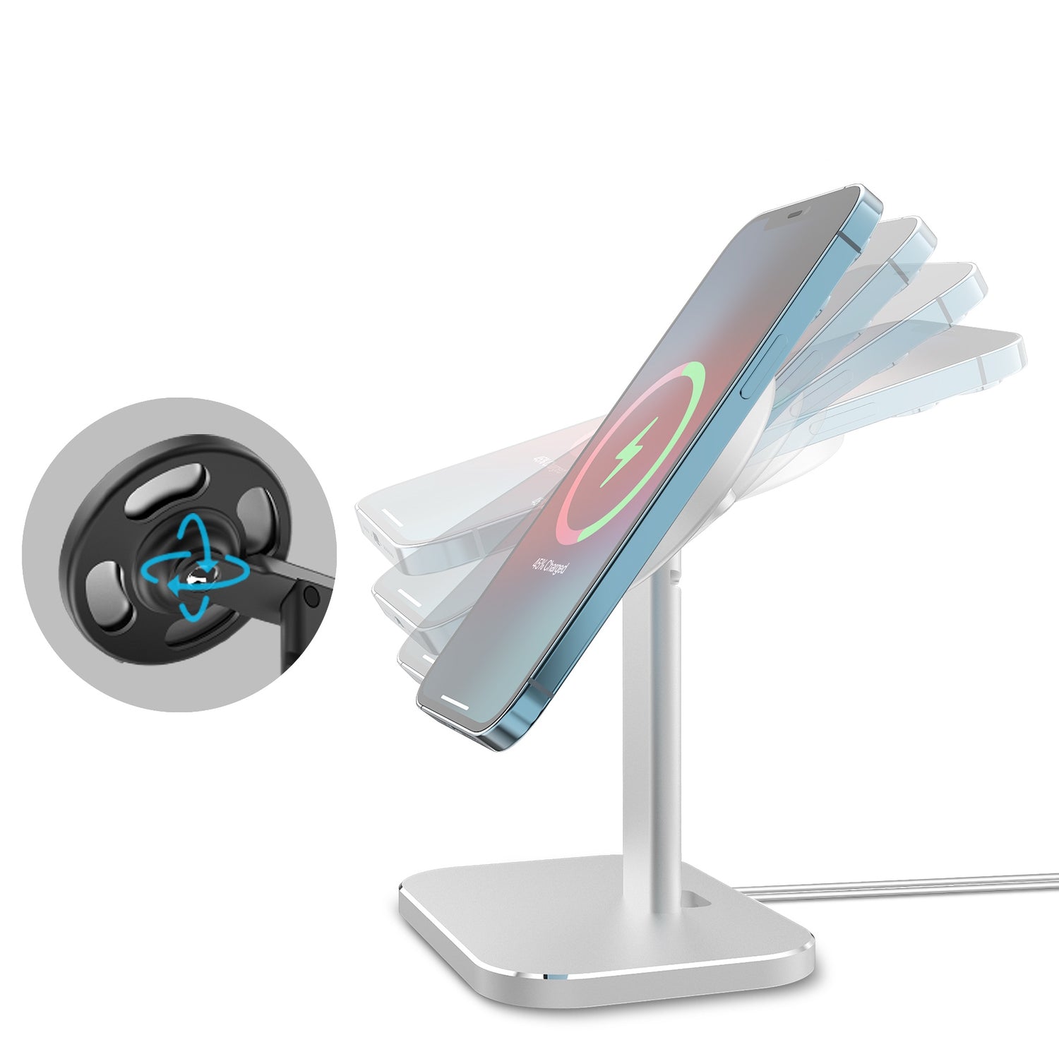 Ein iPhone ruht auf dem arktis MagSafe AluStand für iPhone und Apple Watch, einer drehbaren, verstellbaren kabellosen Ladestation von arktis, mit einem auf dem Bildschirm sichtbaren Stromsymbol.