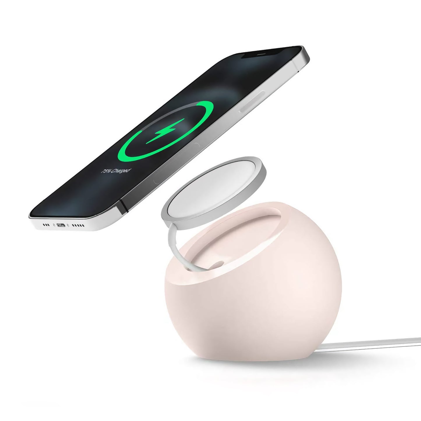 Ein Smartphone schwebt über einer kabellosen Ladeneinrichtung mit dem arktis MagSafe Orbit Stand von arktis.