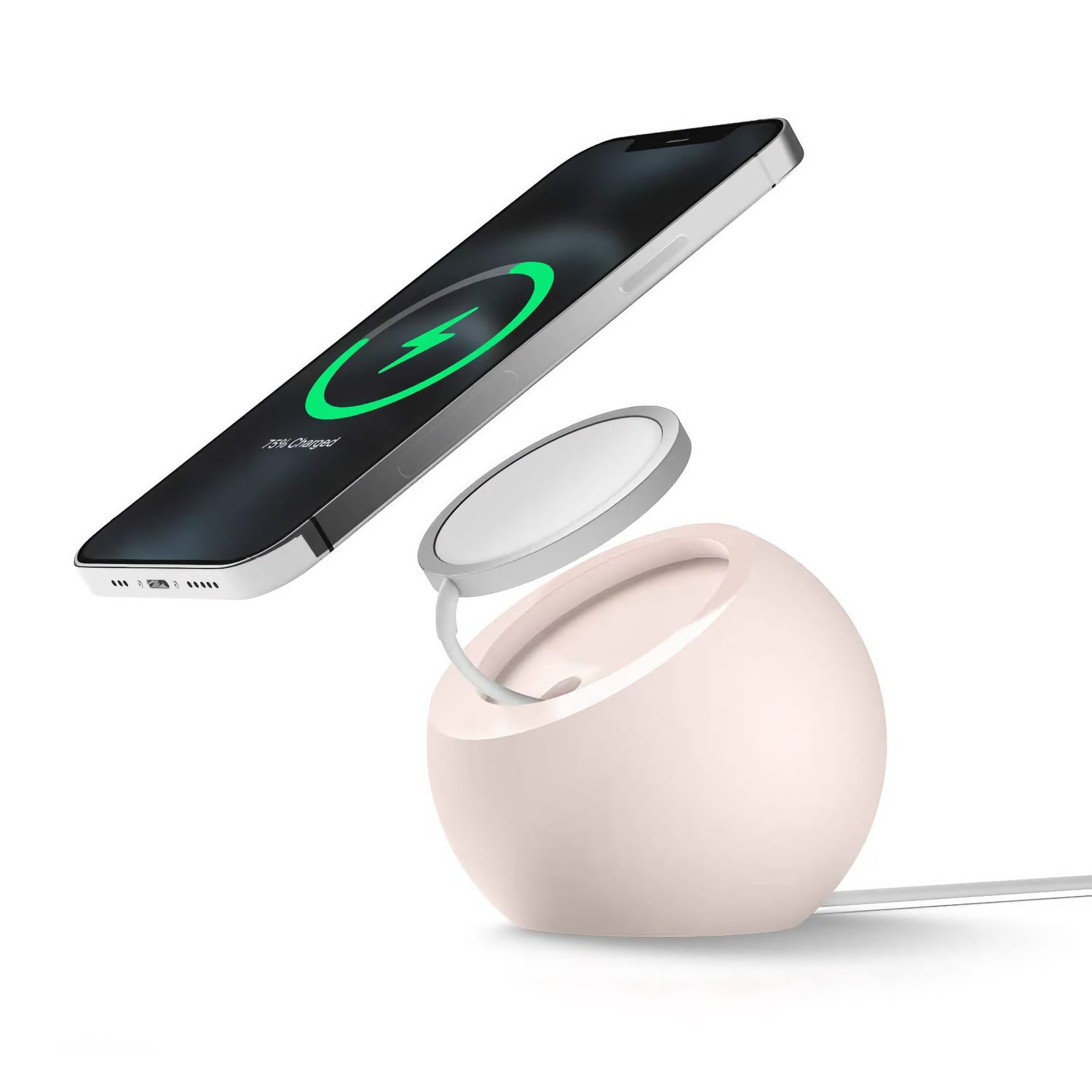 Ein Smartphone schwebt über einer kabellosen Ladeneinrichtung mit dem arktis MagSafe Orbit Stand von arktis.