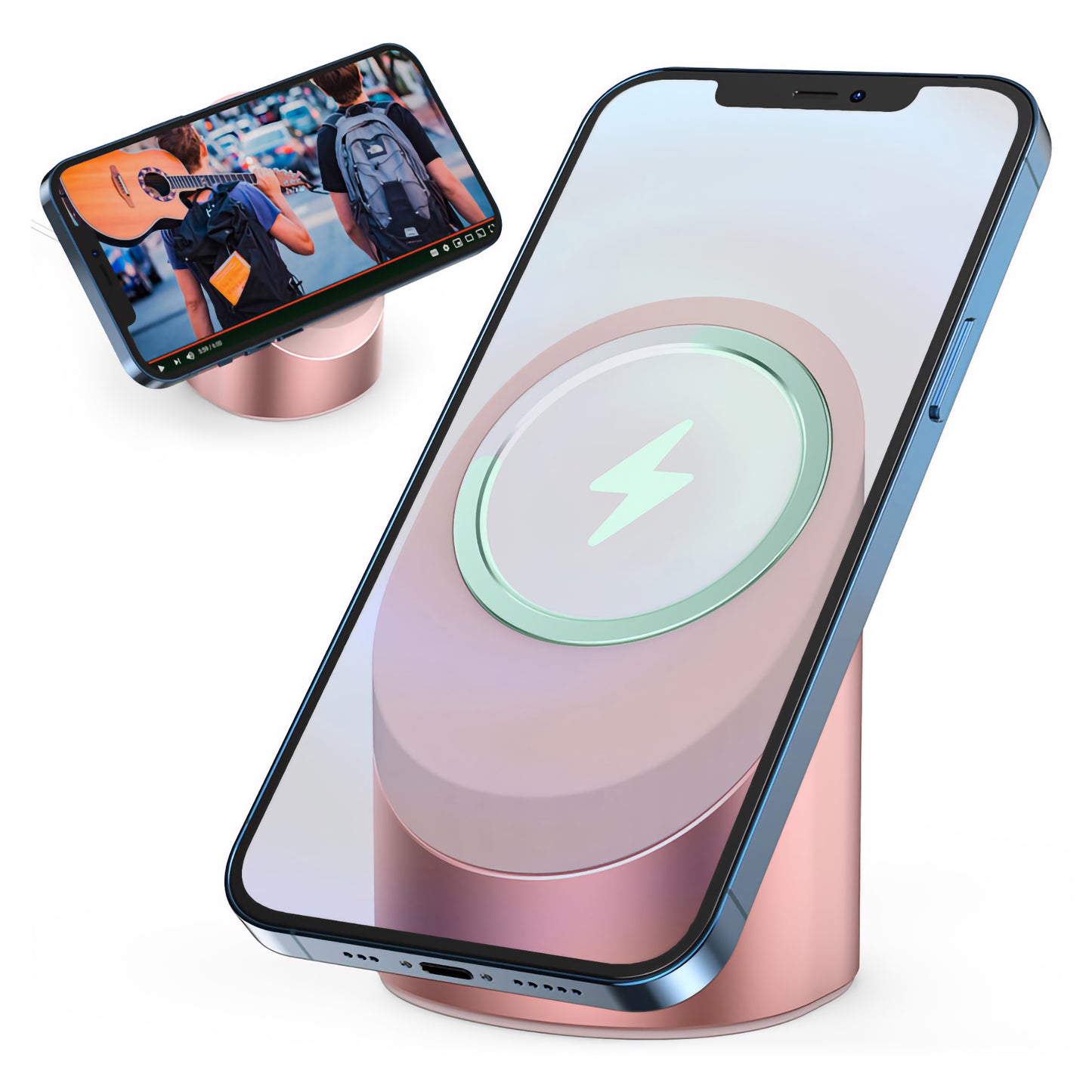 Ein arktis MagSafe NightStand hält ein Smartphone, während ein anderes Gerät im Hintergrund ein Video streamt.