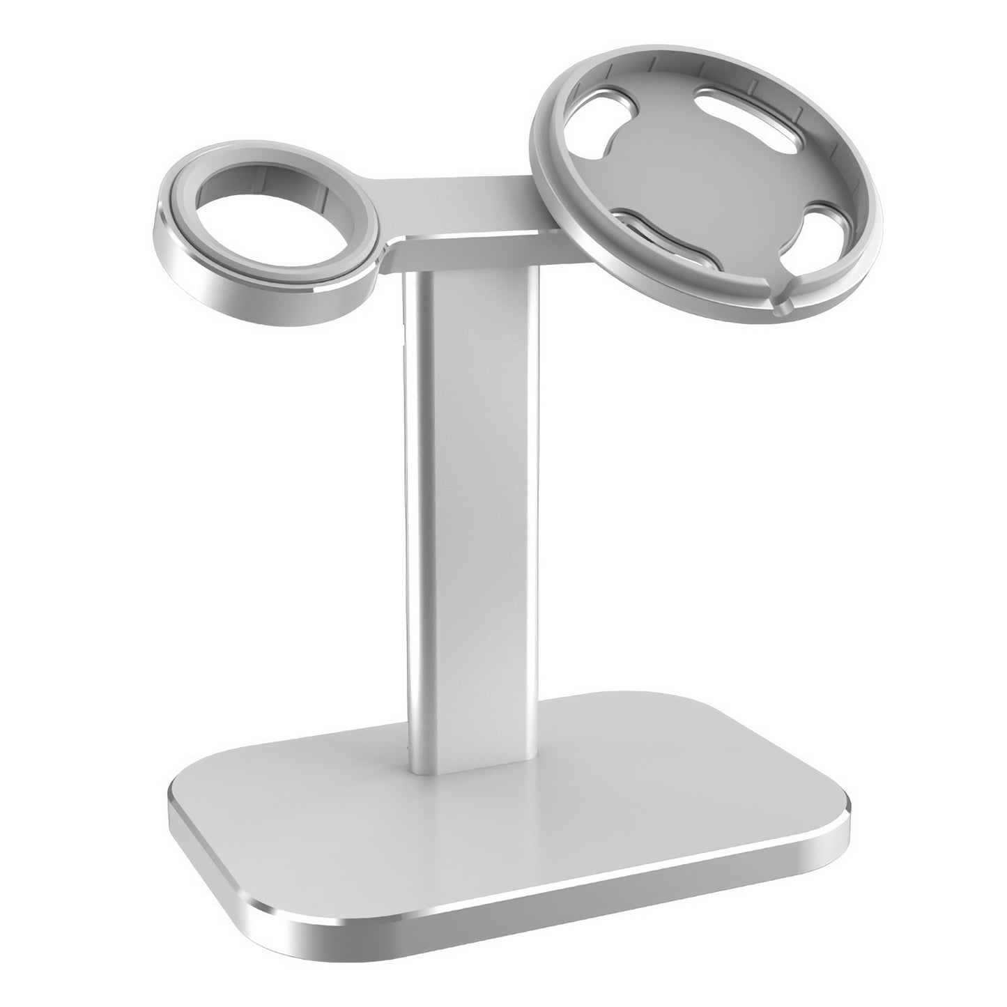 Der arktis MagSafe AluStand für iPhone und Apple Watch von arktis ist ein schlichter, silberner Metallständer mit zwei runden Halterungen, ideal als iPhone Ladestation oder Apple Watch Ständer zum stilvollen Aufladen und Anzeigen.