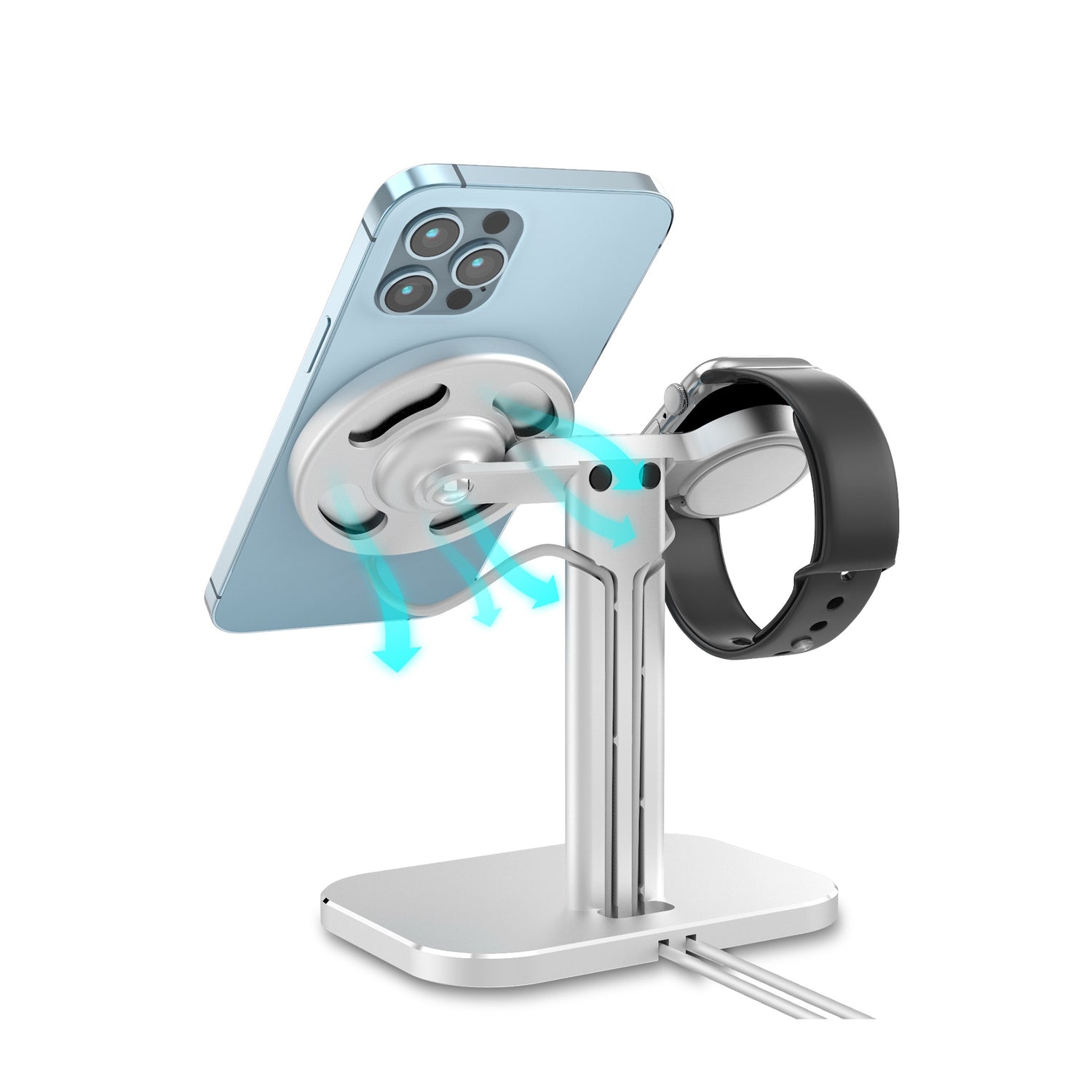 Der arktis MagSafe AluStand für iPhone und Apple Watch von arktis hält Ihr Smartphone und Ihre Smartwatch, verfügt über ein verstellbares MagSafe-Design mit Apple Watch-Halterung und enthält Pfeile, die anpassbare Blickwinkel anzeigen.
