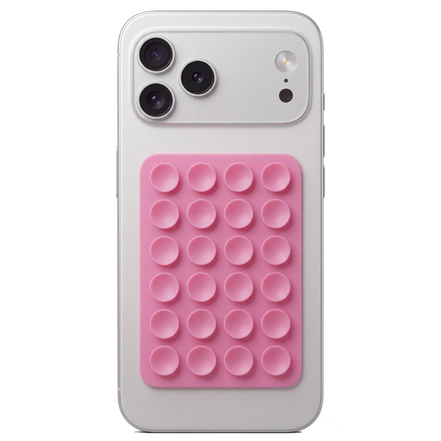 Arktis Silver Smartphone mit Dreifachkamera, ausgestattet mit einer pinkfarbenen „Pop-It“-Fidget-Spielzeughülle auf der Rückseite und der MagSafe-Saugnapf-Handyhalterung für eine sichere und bequeme Befestigung.