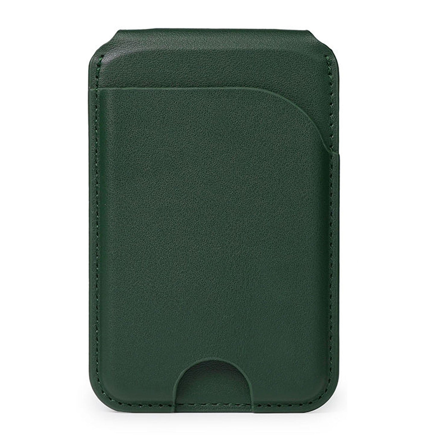 Der arktis iPhone MagSafe Wallet Kartenhalter von arktis ist ein dunkelgrüner Kunstleder-Kartenhalter mit abgerundeten Kanten und einer Außentasche, kompatibel mit dem iPhone 12 und konzipiert für die nahtlose Verwendung der MagSafe Wallet. Abgebildet auf einem weißen Hintergrund.