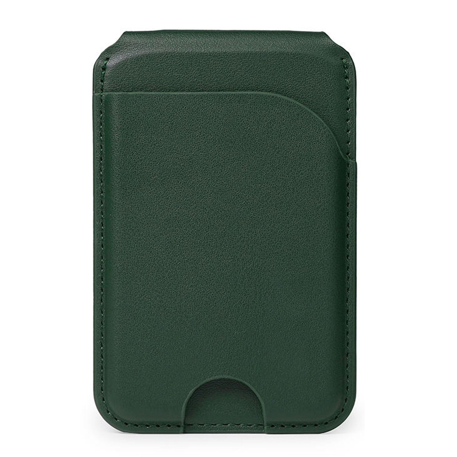 Der arktis iPhone MagSafe Wallet Kartenhalter von arktis ist ein dunkelgrüner Kunstleder-Kartenhalter mit abgerundeten Kanten und einer Außentasche, kompatibel mit dem iPhone 12 und konzipiert für die nahtlose Verwendung der MagSafe Wallet. Abgebildet auf einem weißen Hintergrund.