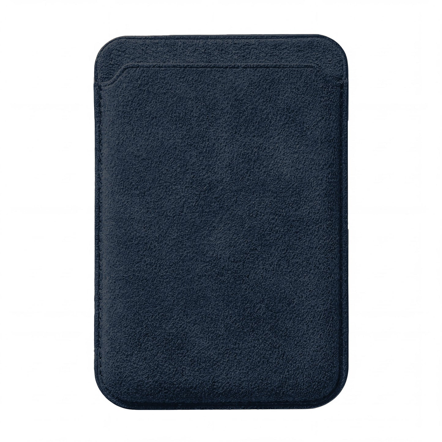 Der arktis iPhone MagSafe Kartenhalter aus Alcantara ist ein stilvoller, dunkelblauer, rechteckiger Kartenhalter von arktis, der aus strukturiertem Alcantara gefertigt ist und auf einem weißen Hintergrund abgebildet ist.