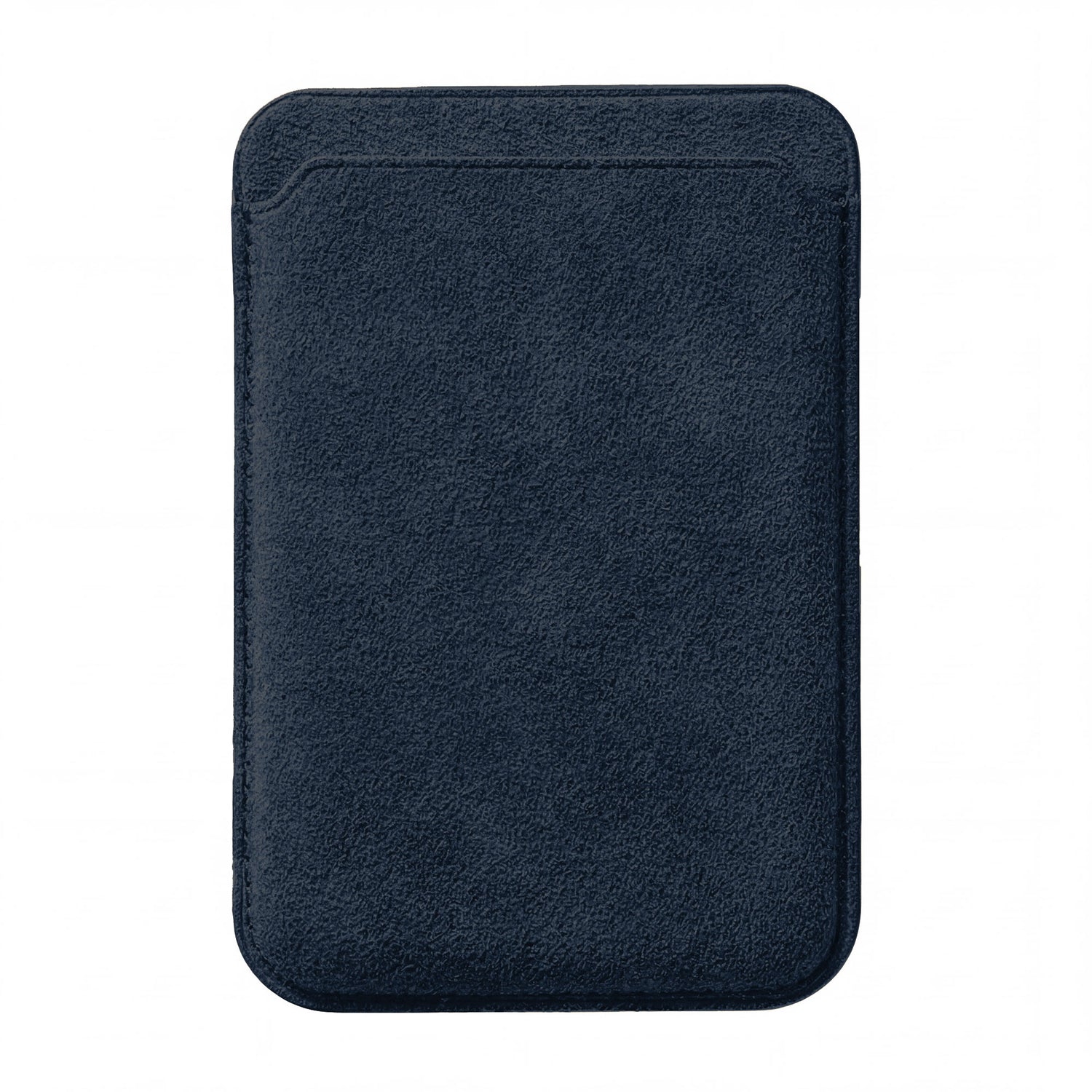 Der arktis iPhone MagSafe Kartenhalter aus Alcantara ist ein stilvoller, dunkelblauer, rechteckiger Kartenhalter von arktis, der aus strukturiertem Alcantara gefertigt ist und auf einem weißen Hintergrund abgebildet ist.
