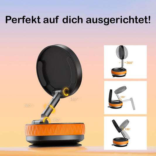 Die arktis MagicDock iPhone MagSafe Halterung verfügt über einen verstellbaren runden Spiegel auf einer orangefarbenen Basis mit einem flexiblen Gelenkarm, der eine 180°- und 360°-Drehung für vielseitige Positionierung bietet – perfekt als iPhone- oder MagSafe-Halterung von arktis.