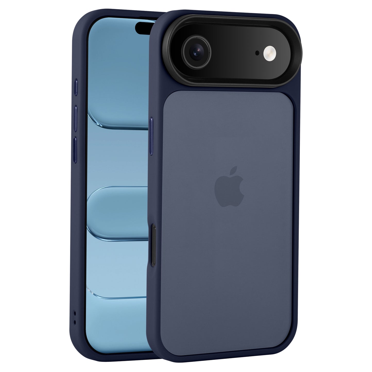 Ein blaues iPhone mit dem Arktis iPhone Air Solid Case von Arktis, hergestellt aus mattem Polycarbonat und mit einem übergroßen horizontalen Kamerabuckel auf der Rückseite.