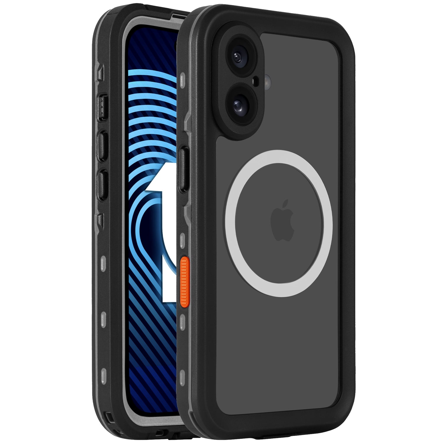 Das arktis iPhone 16 Wasserdichtes Actioncase von arktis ist eine schwarze, stoßfeste Hülle mit einem MagSafe-Ring, die auf einem iPhone mit blau gestreiftem Bildschirm angezeigt wird.