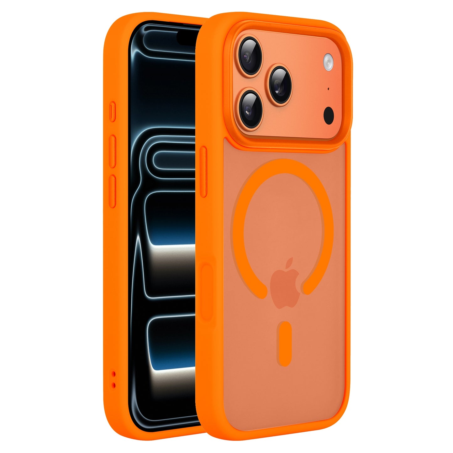 Arktis iPhone 17 Pro Max Solid Case mit MagSafe - matte, orange Schutzhülle von Arktis, zeigt Handy-Vorder- und Rückseite inkl. Hülle.