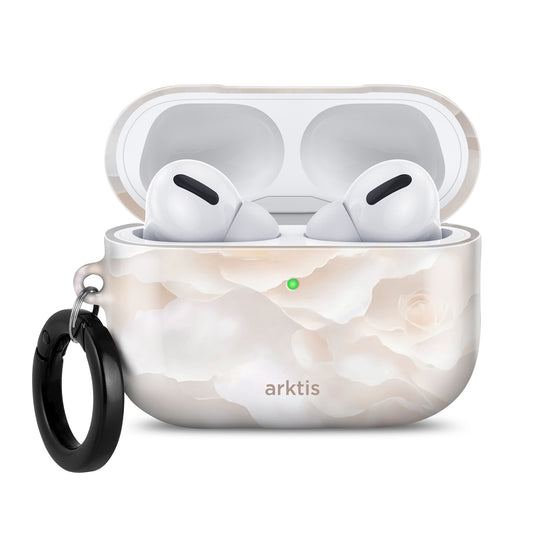 Die arktis AirPods Pro 3 Hülle – Marble Flower verfügt über ein weißes Blumenmuster, einen schwarzen Schlüsselring, ein sichtbares Markenlogo und einen aufklappbaren Deckel, der die Ohrhörer präsentiert. Sie ist kompatibel mit den AirPods Pro 3 und unterstützt kabelloses Laden.