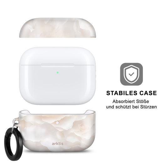 Arktis AirPods Pro 3 Hülle – Marble Flower: Weiße Schutzhülle mit Marmor-Blumenmuster, schwarzem Schlüsselring und kabelloser Ladefunktion. Deutscher Text auf der rechten Seite.