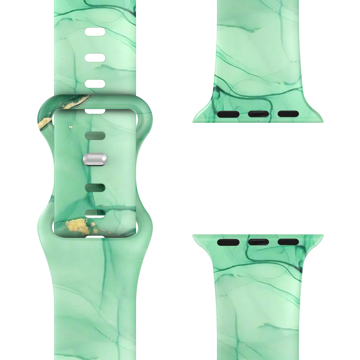 Das arktisband EDITION für Apple Watch von arktisband hat ein grünes, marmoriertes Silikon-Sportband mit goldenen Akzenten. Abgebildet aus der Vorder- und Seitenansicht.