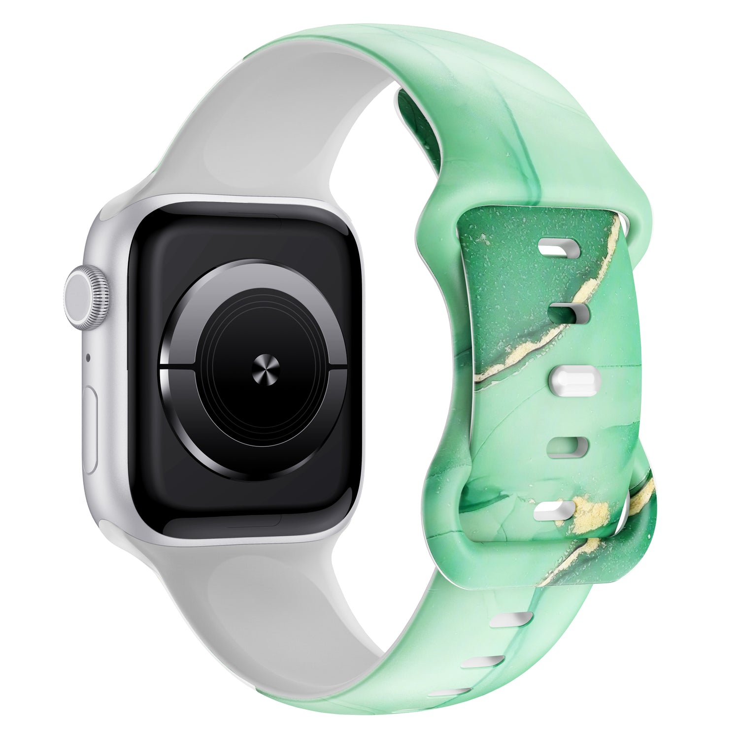 Das arktisband Green Marble Apple Watch Armband von arktisband hat ein stylisches, grün marmoriertes Design und ist perfekt für sportliche Aktivitäten - hier an einer Apple Watch mit goldenen und weißen Akzenten auf weißem Hintergrund.