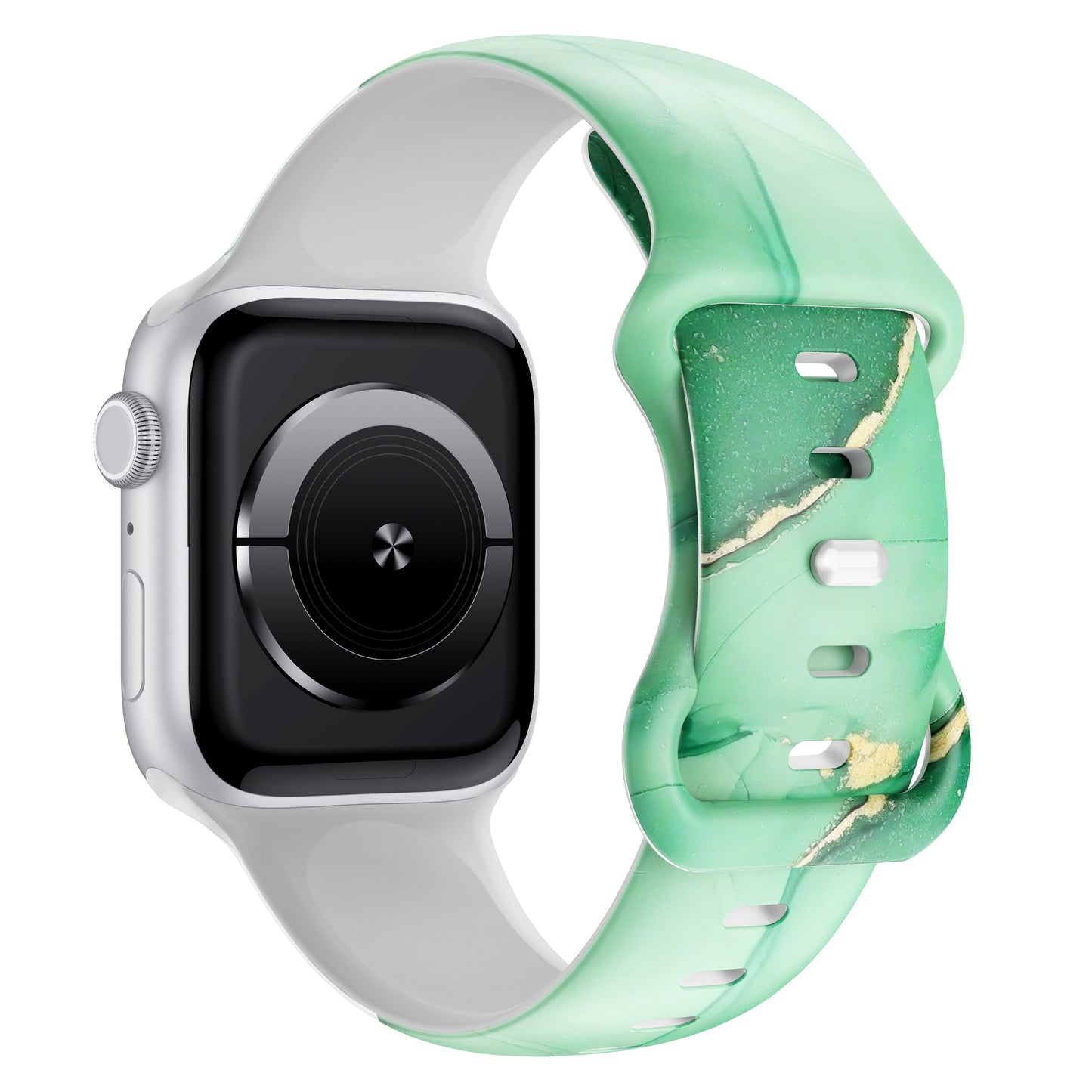 Ein silbernes Gehäuse der arktisband EDITION für die Apple Watch mit einem grün marmorierten, sportlichen Armband wird auf weißem Hintergrund gezeigt - ideal für Fans der Marke arktisband.