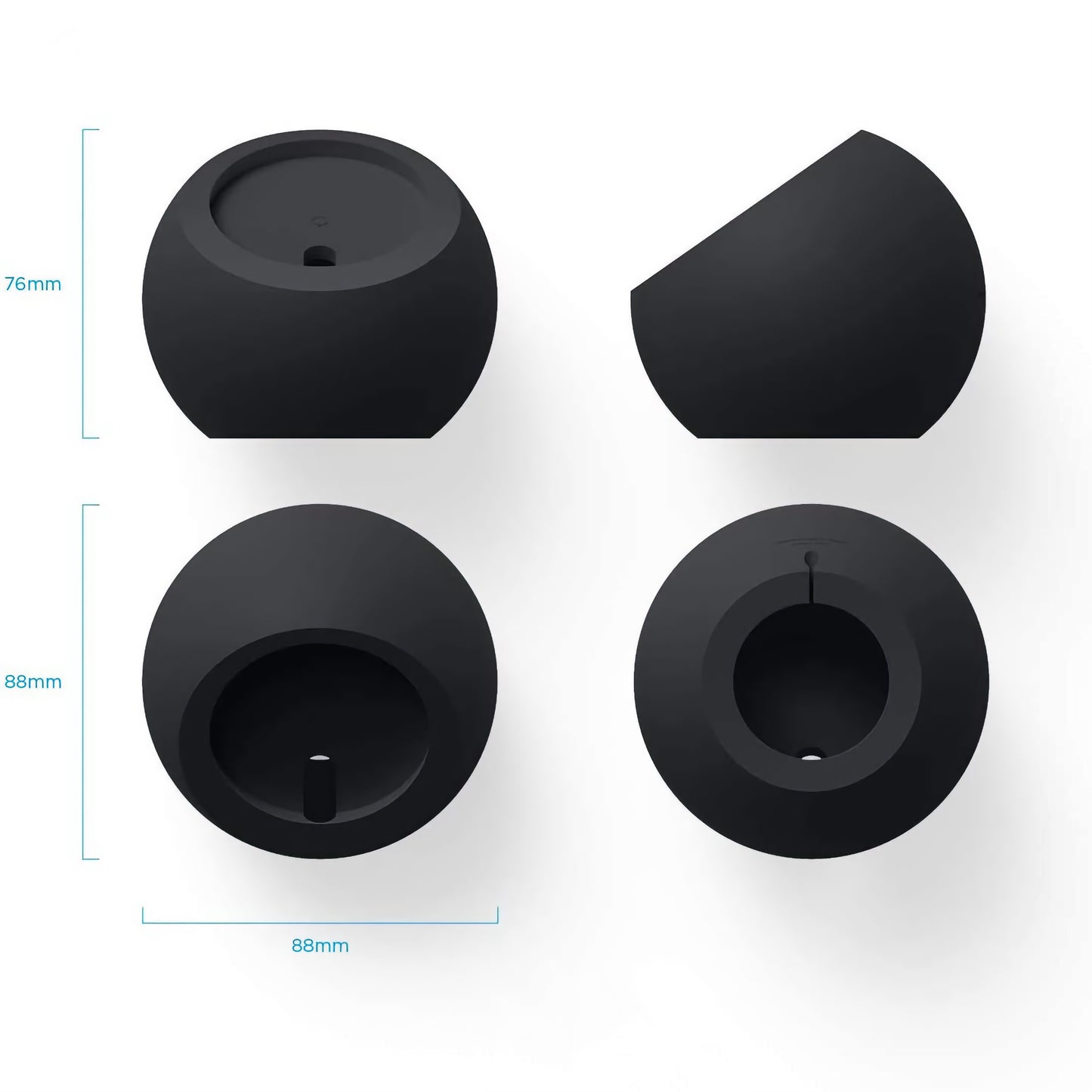 Vier schwarze, kugelförmige Objekte mit einzigartigen Ausschnitten, die aus verschiedenen Blickwinkeln gezeigt werden und deren Abmessungen beschriftet sind - perfekt als arktis MagSafe Orbit Stand von arktis für bequemes kabelloses Laden.