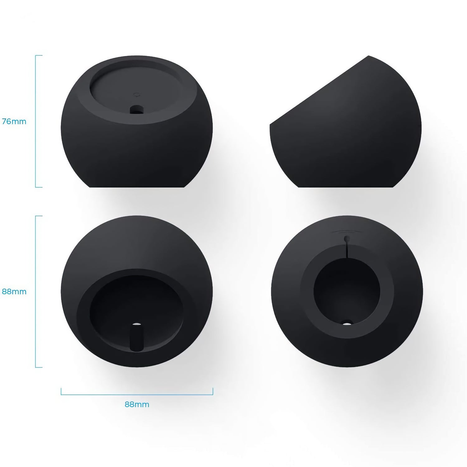 Vier schwarze, kugelförmige Objekte mit einzigartigen Ausschnitten, die aus verschiedenen Blickwinkeln gezeigt werden und deren Abmessungen beschriftet sind - perfekt als arktis MagSafe Orbit Stand von arktis für bequemes kabelloses Laden.