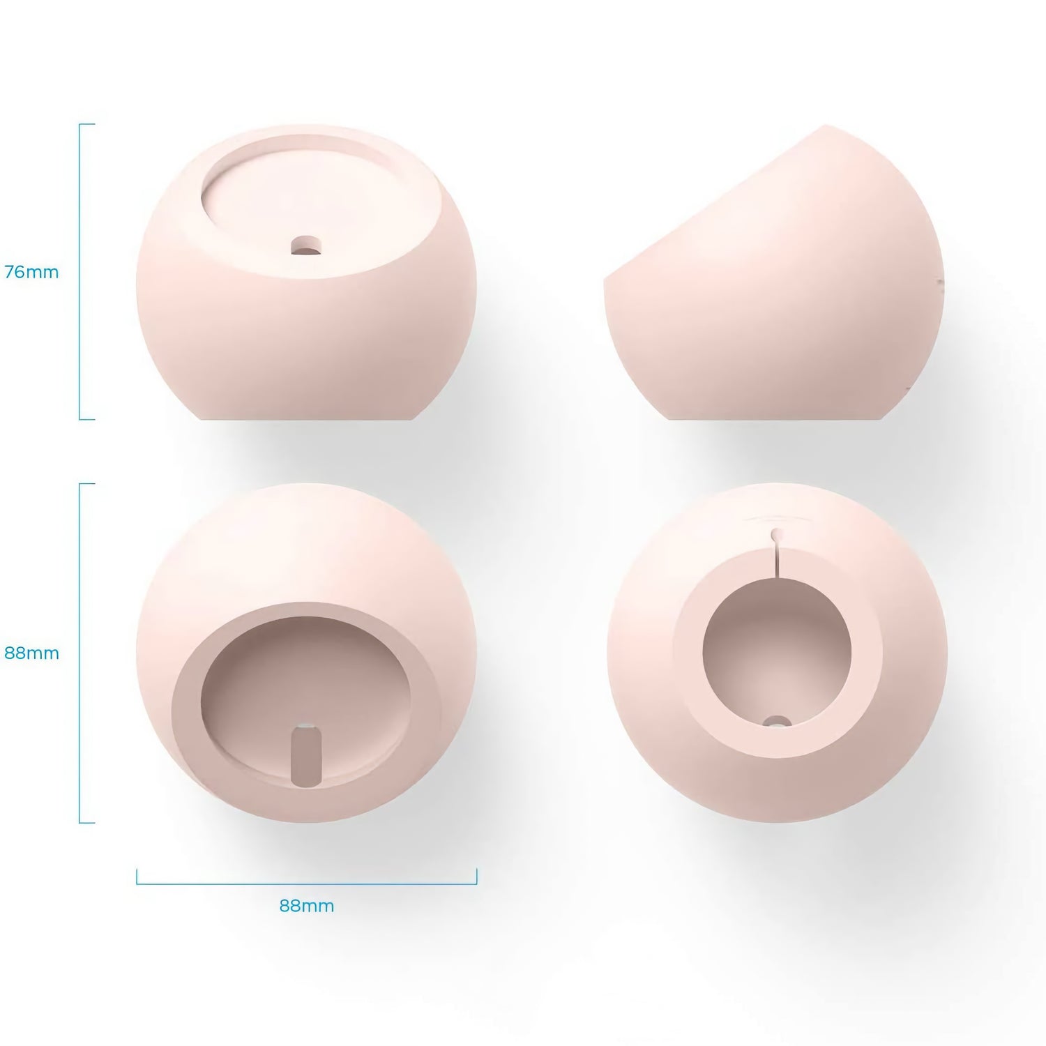 Vier rosafarbene kugelförmige Objekte mit Aussparungen, die aus verschiedenen Blickwinkeln gezeigt werden und mit 88mm und 76mm beschriftet sind, machen den arktis MagSafe Orbit Stand von arktis-ideal als Apple MagSafe Ladegerät Halter für kabelloses Laden oder als einzigartige Ladestation.