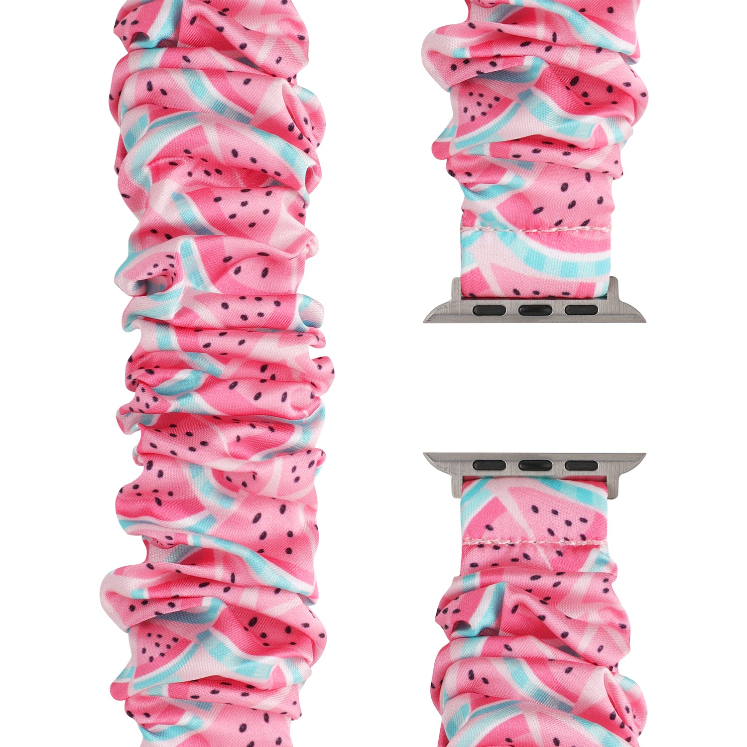 Das arktisband Apple Watch Armband "Elanora" hat ein rosa Scrunchie-Design mit einem lustigen Wassermelonen-Motiv und ist aus Stretch-Nylon gefertigt. Marke: arktisband. Aus verschiedenen Blickwinkeln dargestellt.